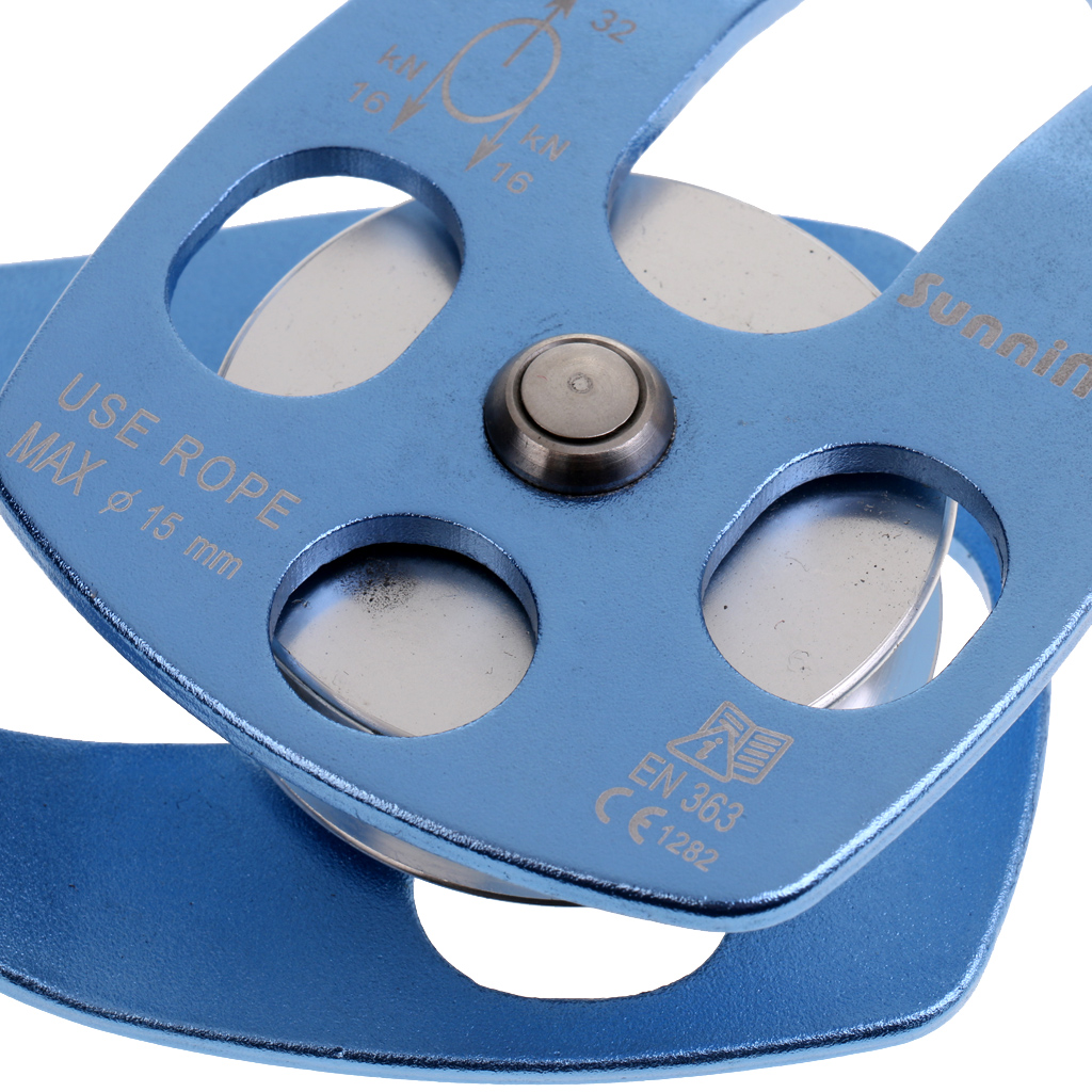 Heavy Duty Small 32kN Climbing Pulley with Double Sheave Rotary Plate for 15mm Rope, Ultralight, Durable, Blue