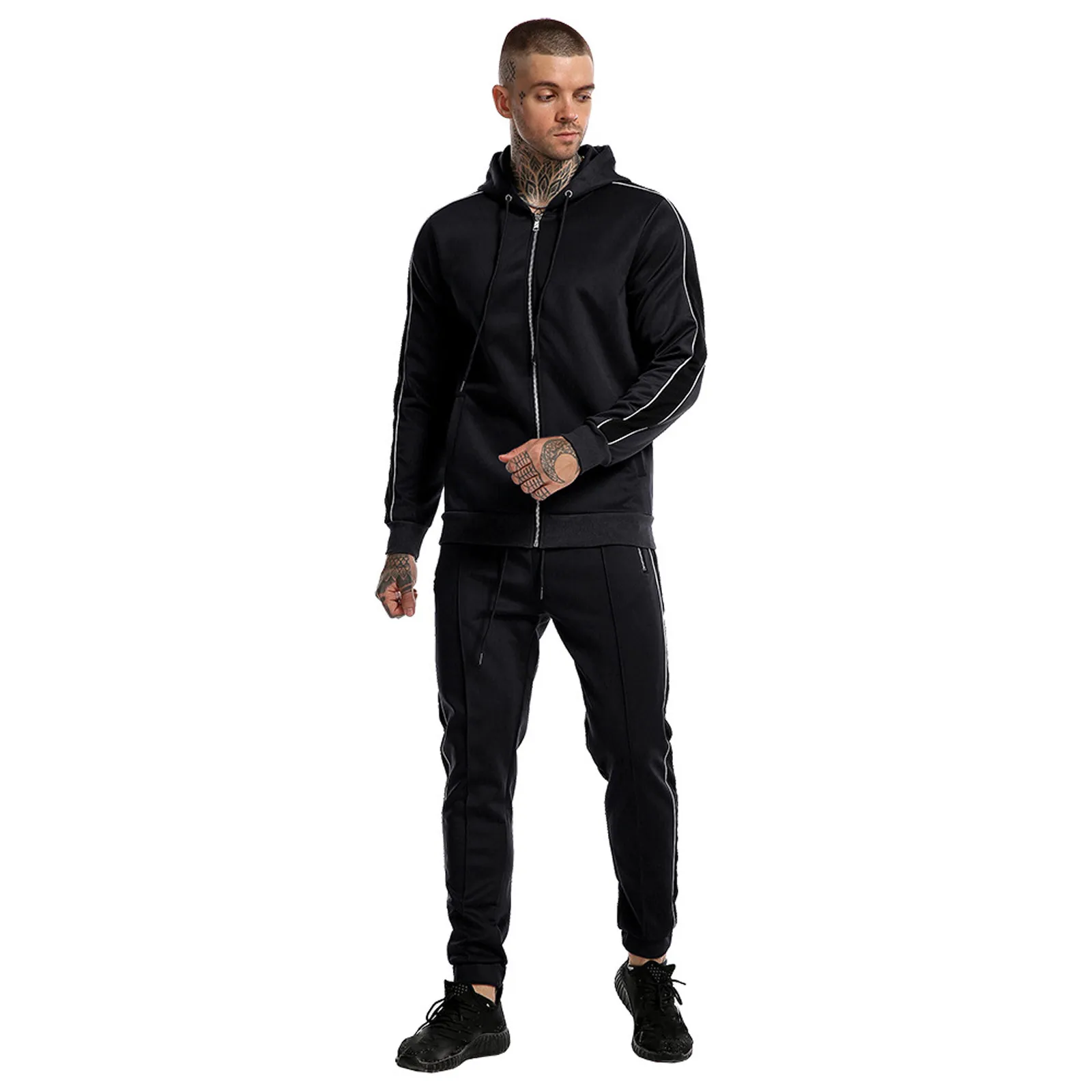 Men Tracksuit Hoodie With Pockets And Zip Solid Colour Patchwork Suit ...
