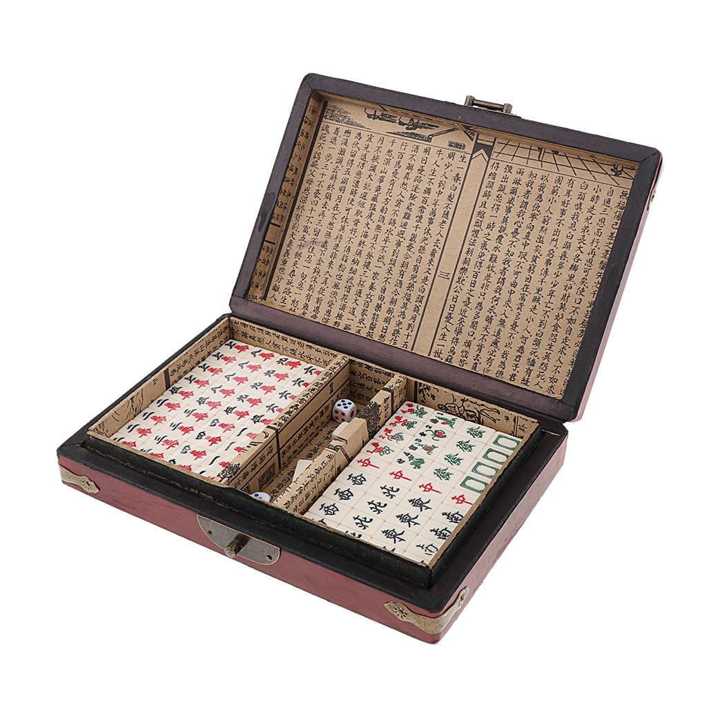 Small Szie Traditional Chinese Version Mahjong Game Set - 144 Fiberboard Tiles & Instruction in Wooden Storage Box