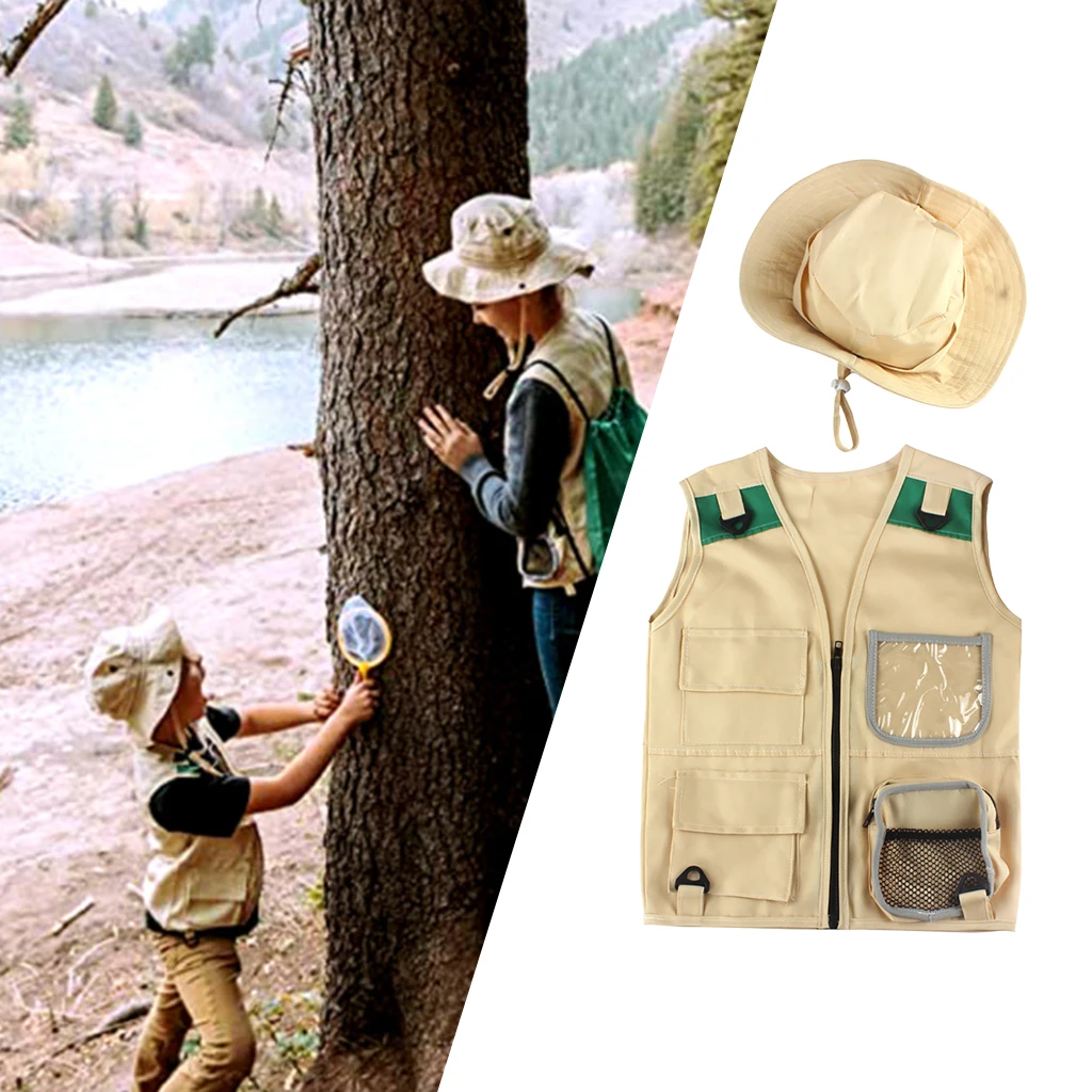Kids Cargo Vest & Hat Costume Camping Outdoor Explorer Set Party Cosplay 