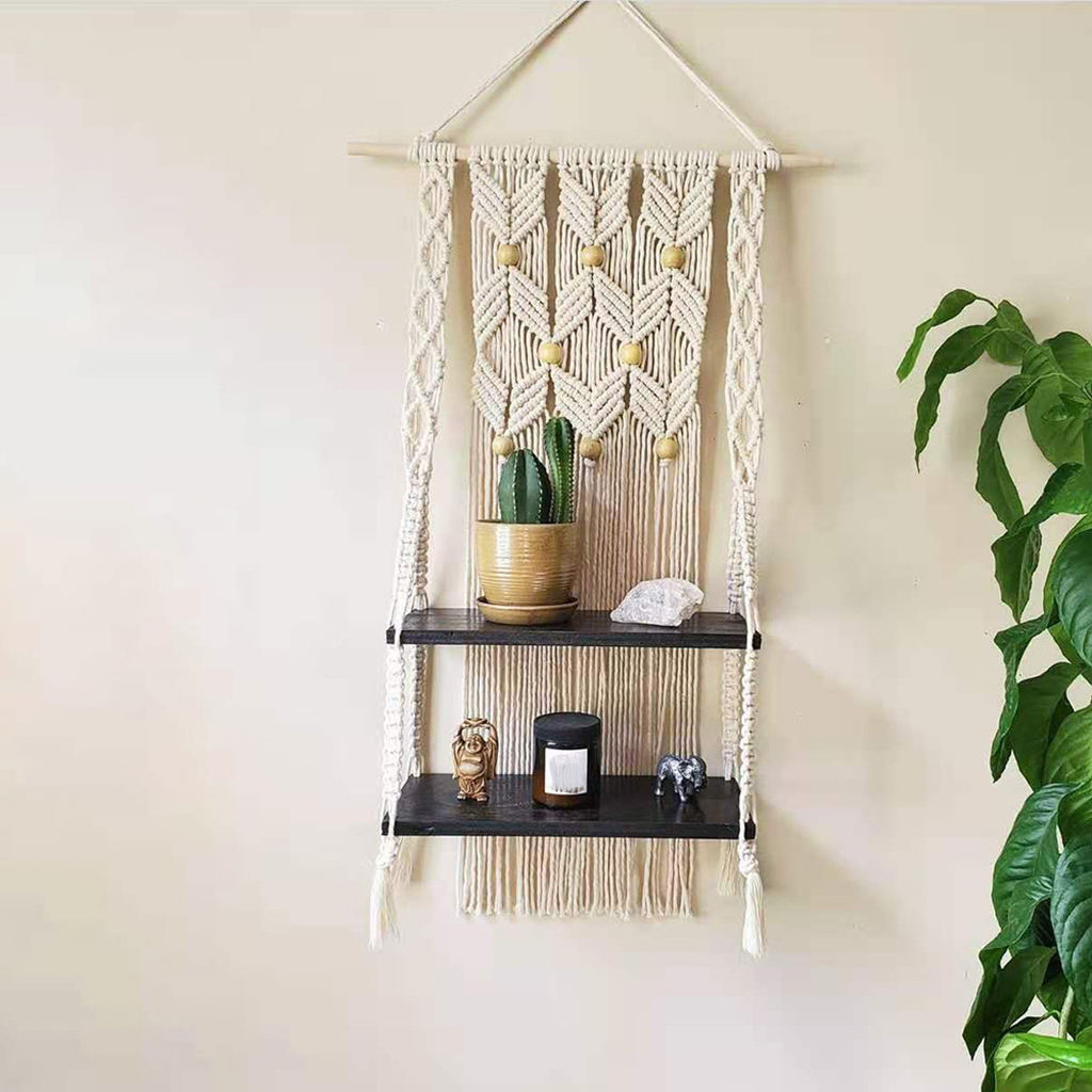 Bohemian Handwoven Tapestry Wall Hanging Shelf Decor 2 Tiers for Living Room Bedroom Picture Frame Home Storage Organizer