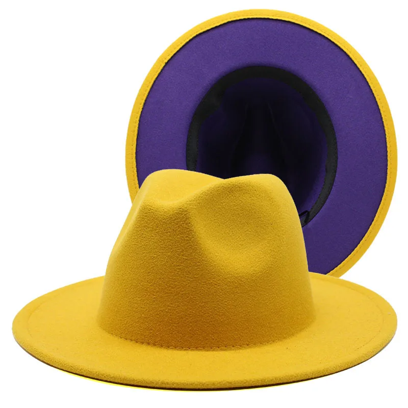 Unisex Outer Yellow Inner Purple Wool Felt Jazz Fedora Hats Autumn ...