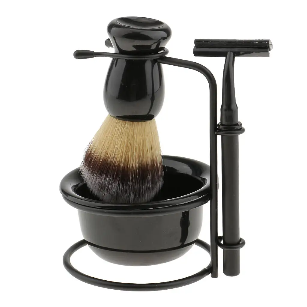 4 Pcs Shaving Kit Shave  Bristle Brush Stand Soap Bowl Mug Set Beard
