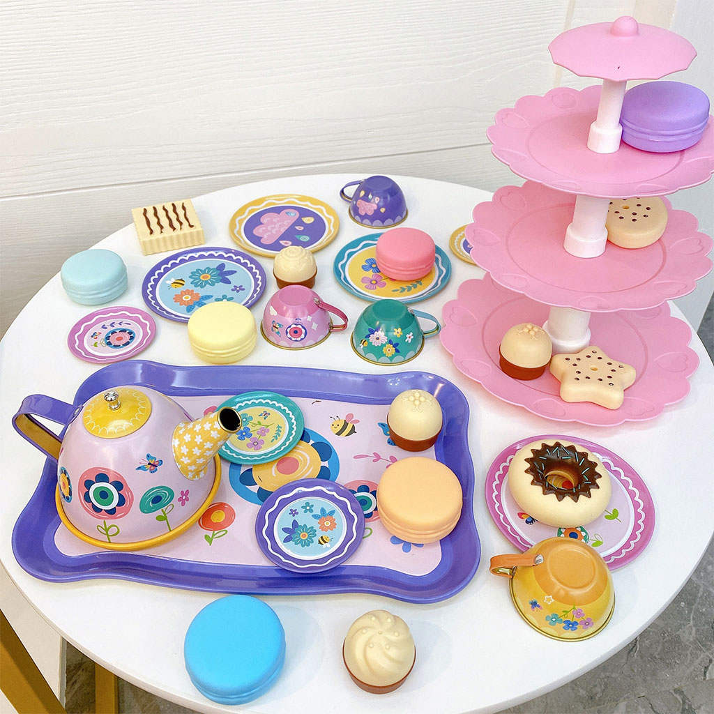 Tinplate Toys Tea Set with Tea Party Accessories Toy Dishes and Utensils Tea Party Set for Boys Toddler Kitchen Pretend Play