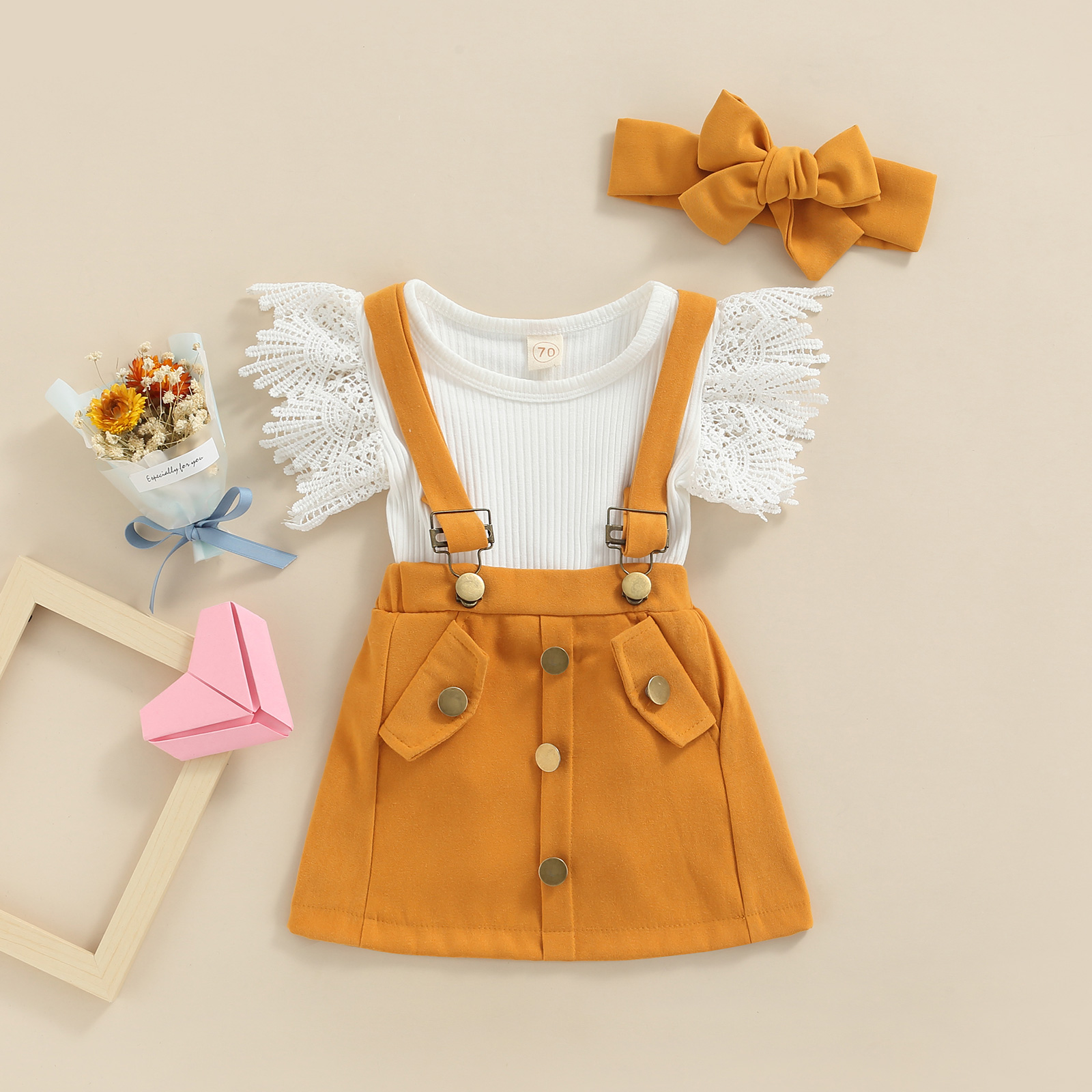 Infant Baby Mädchen Sommer Outfit Sets Weiß Fliegen Sleeve Rippen Romper + Einfarbig Hosenträger Rock + Stirnband – Detail 5