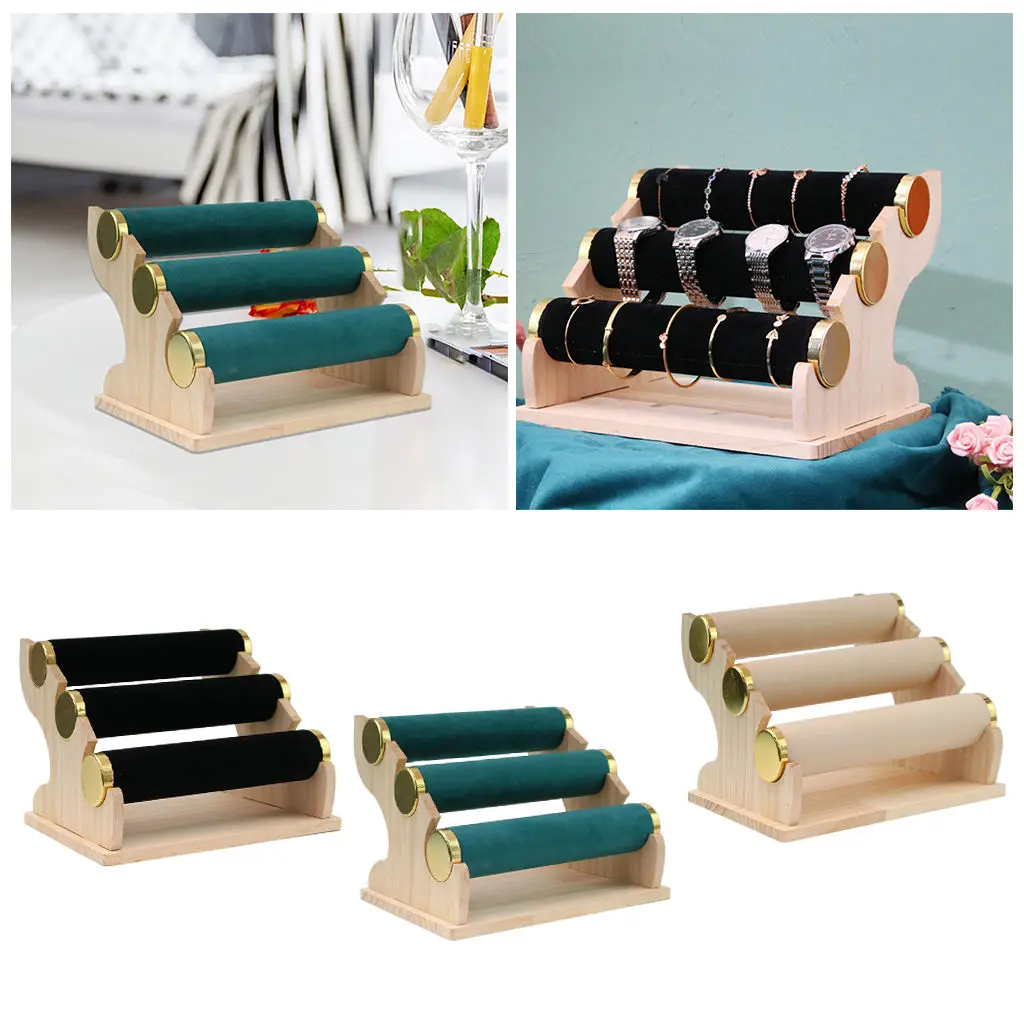 3-Bars Velvet Bracelet Holder for Watch, Necklace, Jewelry Display Rack and Bangle Organizer Stand