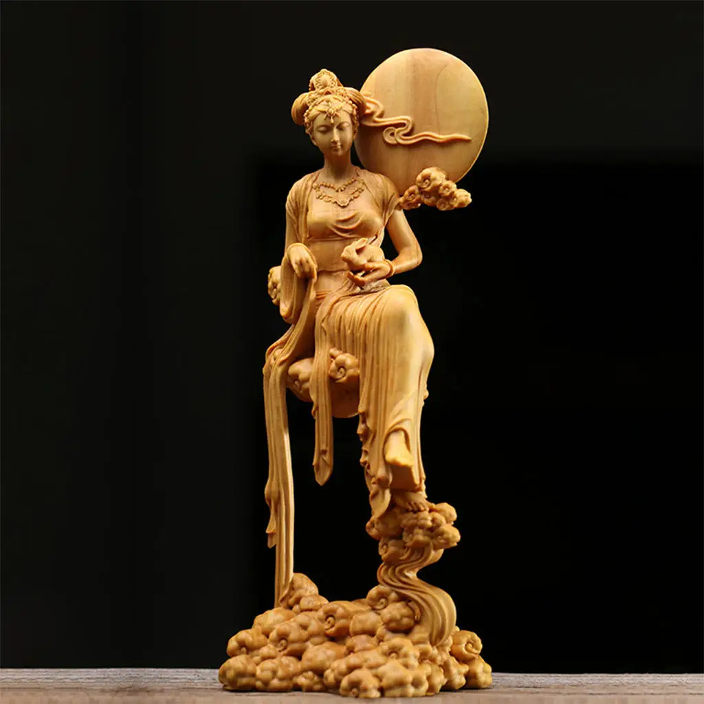 Hand Carving Chang`e Statues Wood Sitting On Cloud Sculpture Godness Figurine for Shelf Decor Art Crafts Gift Collectibles