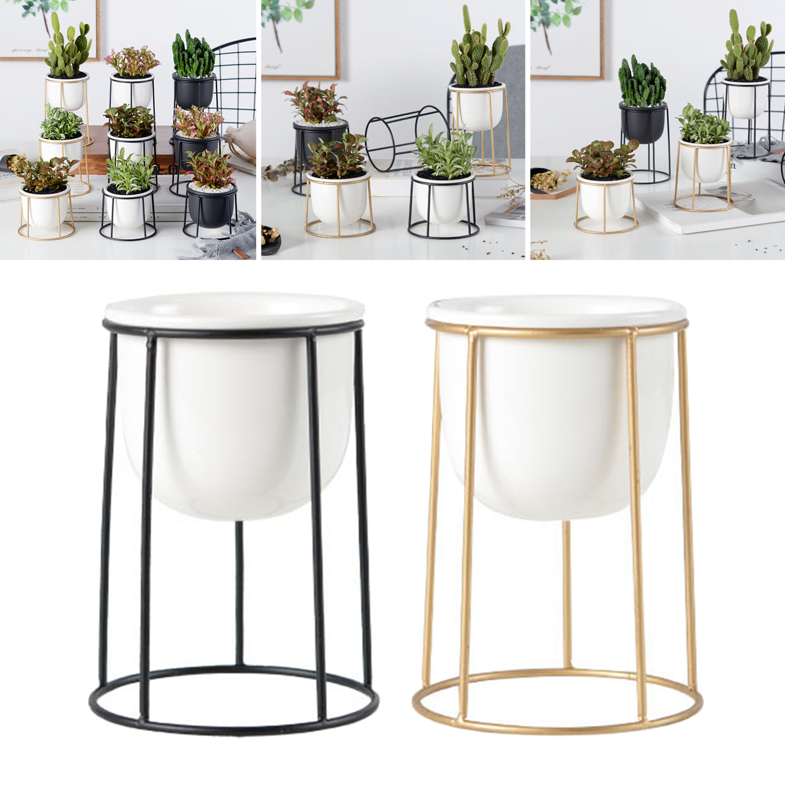 Modern White Ceramic Flower Pots with Iron Frame Stand Holder Home Decoration Succulent Plant Pot