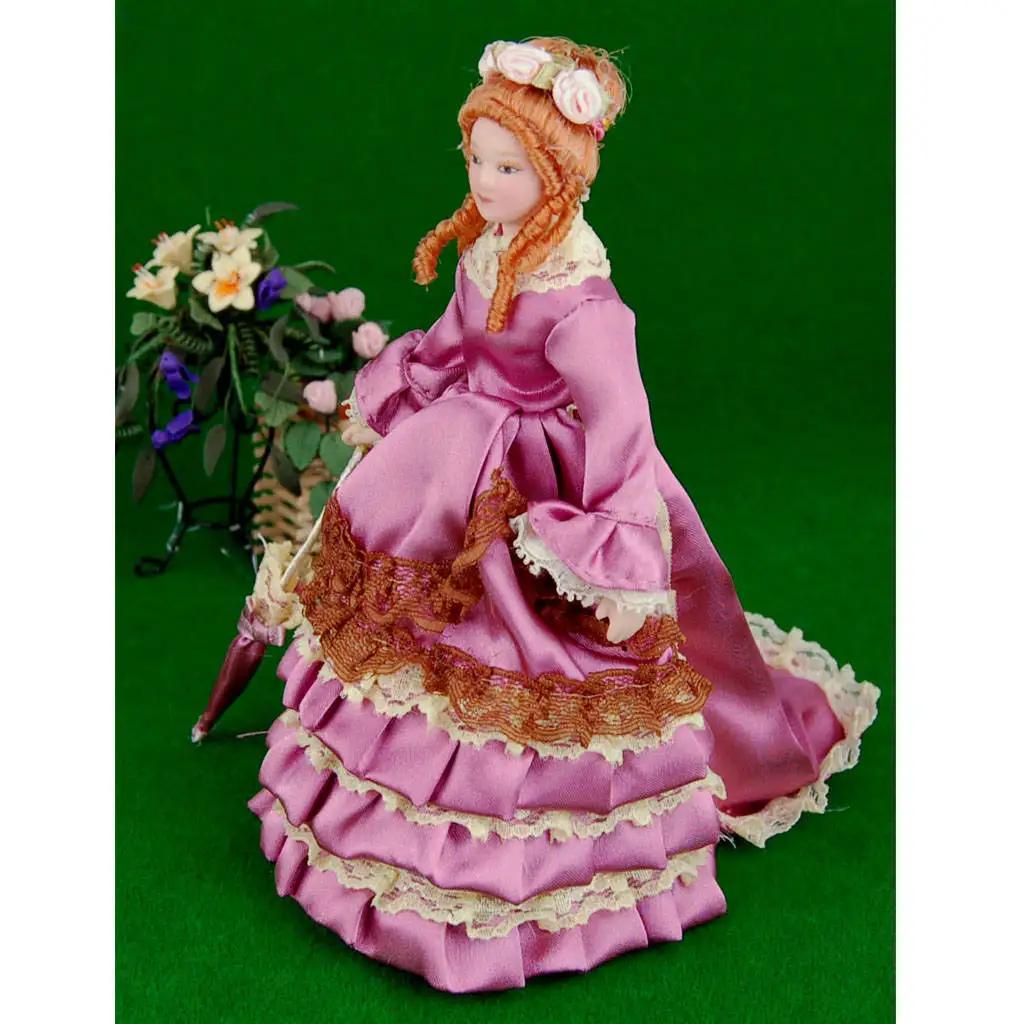 Dollhouse Miniature Porcelain Doll Beautiful Lady in Purple Pleated Gown and Umbrella