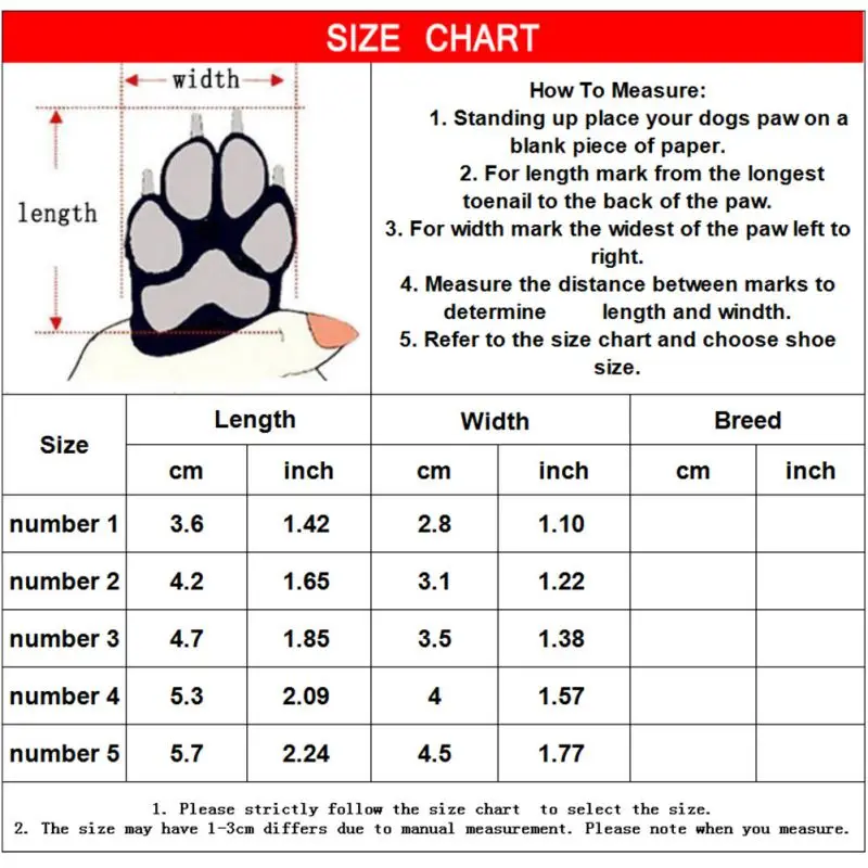 Una tabla de tallas para zapatos para perros. Incluye instrucciones sobre cómo medir la pata de un perro para determinar la talla adecuada del zapato. La tabla enumera las medidas de largo y ancho en centímetros y pulgadas, junto con la talla de zapato correspondiente.