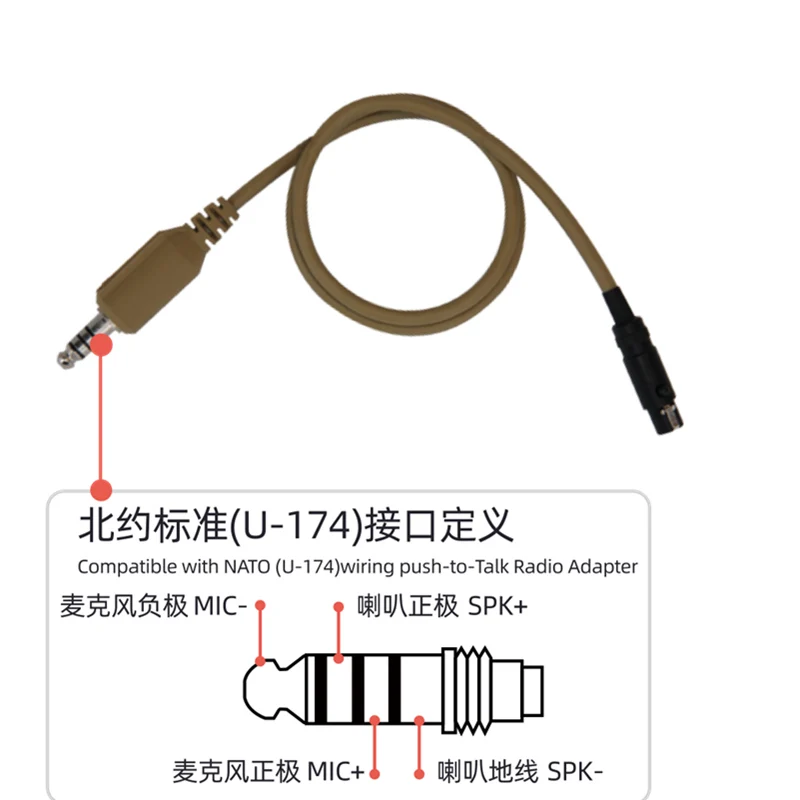 Un cable enrollado con un conector en un extremo, que parece ser una especie de adaptador de radio. El texto de la imagen indica que es compatible con el adaptador de radio pulsador para hablar con cableado NATO (U-174)