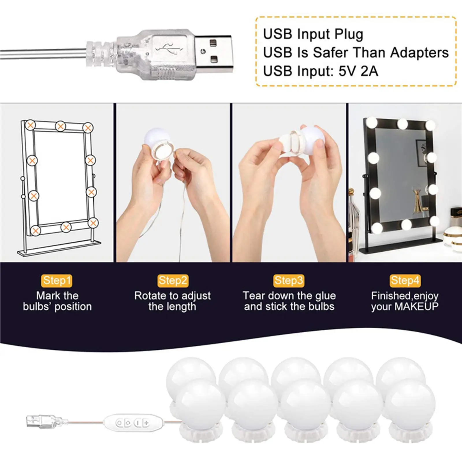Vanity Mirror Lights Kit with 10 Globe Dimmable Bulbs for Dressing Room Mirror Lights10 LED Dimmable Light Bulbs USB