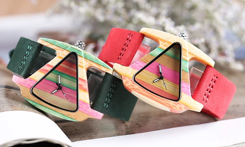 Unique Colorful Wood Watch Creative Triangle Shape Dial Hour Clock Women Quartz Leather Bracelet Watch Women's Wrist Reloj Mujer (13)