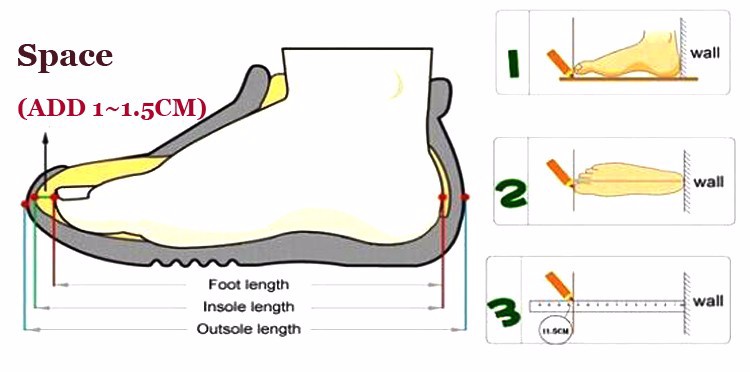 jalalaba mõõtmise juhend, millel on näidatud jala, sisetalla ja välistalla pikkus