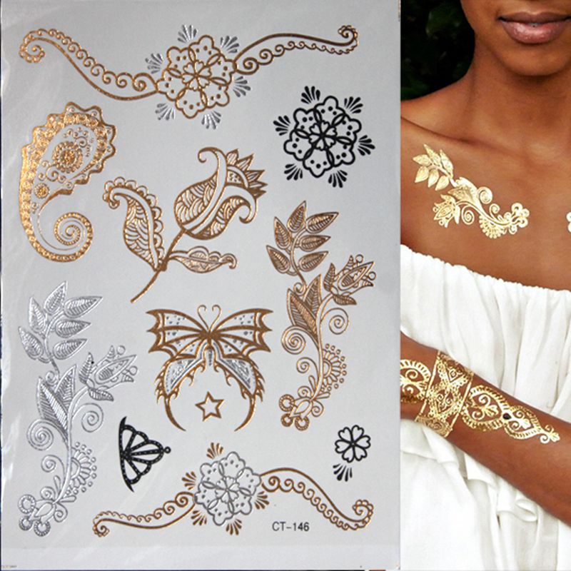 Best of Hot Flash Metallic Waterproof Temporary Tattoo Gold Silver Tatoo Women Henna Flower Taty Design Tattoo Sticker Reviews & Tips