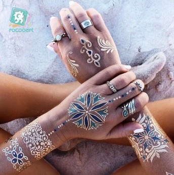 Best of Rocooart Flash Metallic Waterproof Temporary Tattoo Gold Silver Tatoo Women Henna Flower Taty Indian Arabic Tattoo Sticker Reviews & Tips