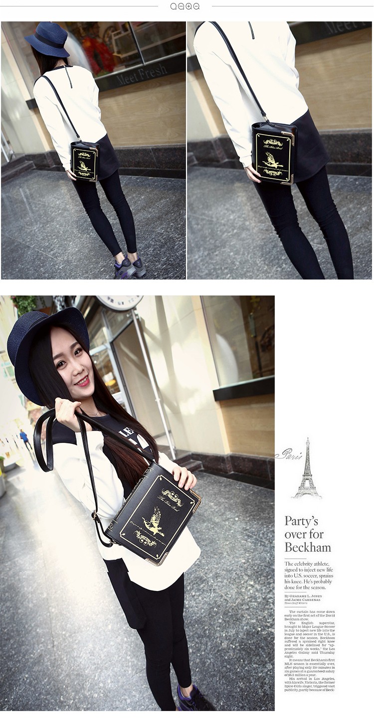 naine kannab musta gooti stiilis raamatu kujundusega õlakotti