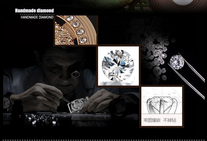 mees valmistab käsitsi teemante, suurendusklaasiga uurib kivi, taustal erinevad teemantide pildid