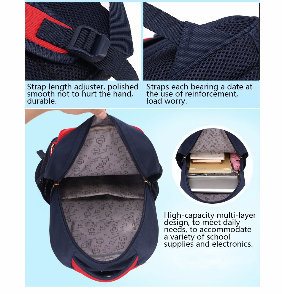 tumesinine seljakott punaste detailidega, avatud lukuga, näha sisetaskud ja reguleeritavad rihmad