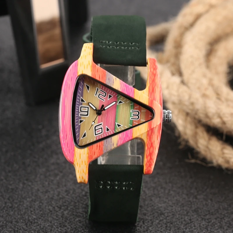 Unique Colorful Wood Watch Creative Triangle Shape Dial Hour Clock Women Quartz Leather Bracelet Watch Women's Wrist Reloj Mujer (30)