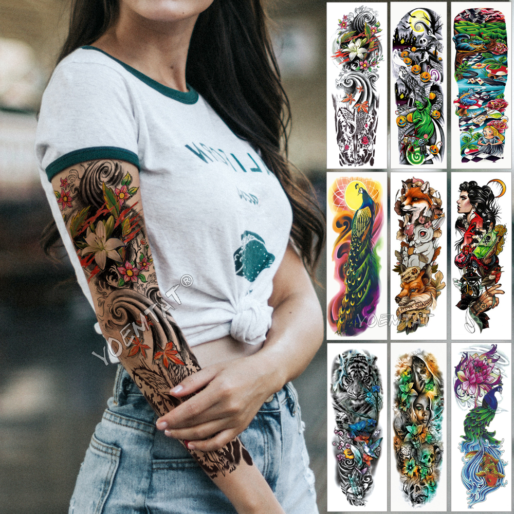 Best of Large Arm Sleeve Tattoo Japanese Wave Waterproof Temporary Tattoo Sticker Lily Peacock Men Full Tiger Fox Tatoo Body Art Women Reviews & Tips