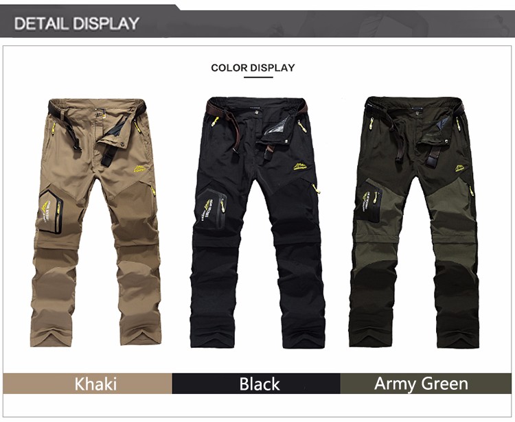 kolm paari meeste matkapükse erinevates värvides: khaki, must ja armee roheline