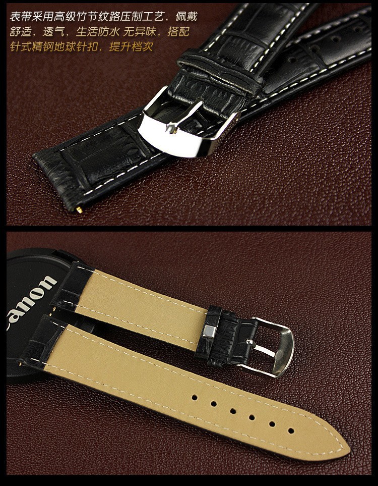 mustast nahast rihmaga meeste käekell, millel on hõbedane pannal