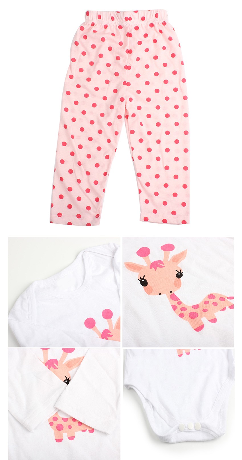 valge pikkade varrukatega body ja roosade täppidega püksid, millel on kaelkirjaku pilt