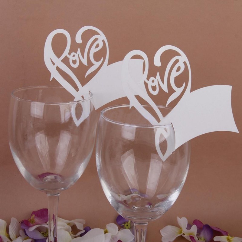 50x Beauty Love Hearts Wine Glass Place Cards Wedding Name Party Table