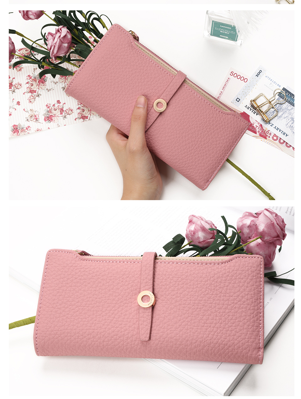 roosa naiste rahakott, millel on kuldne nööpkinnitus ja tekstuuriga pind