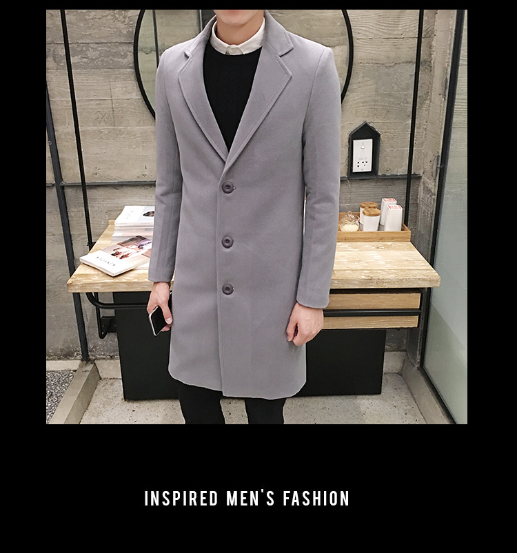 hall meeste mantel, millel on kolm nööpi ja klassikaline krae