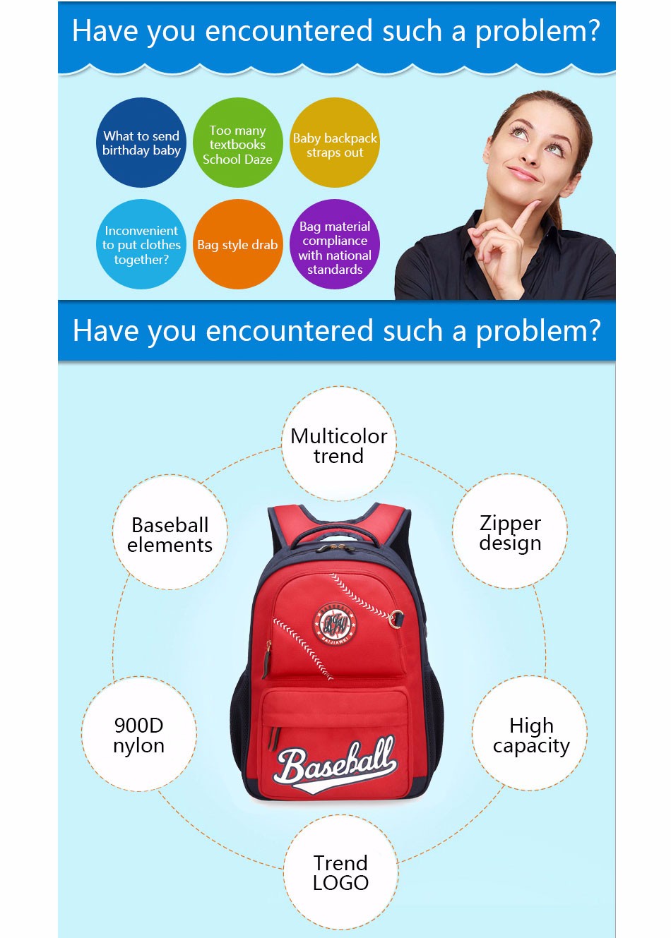 punane seljakott baseball-kirjaga, mustad rihmad ja lukuga taskud