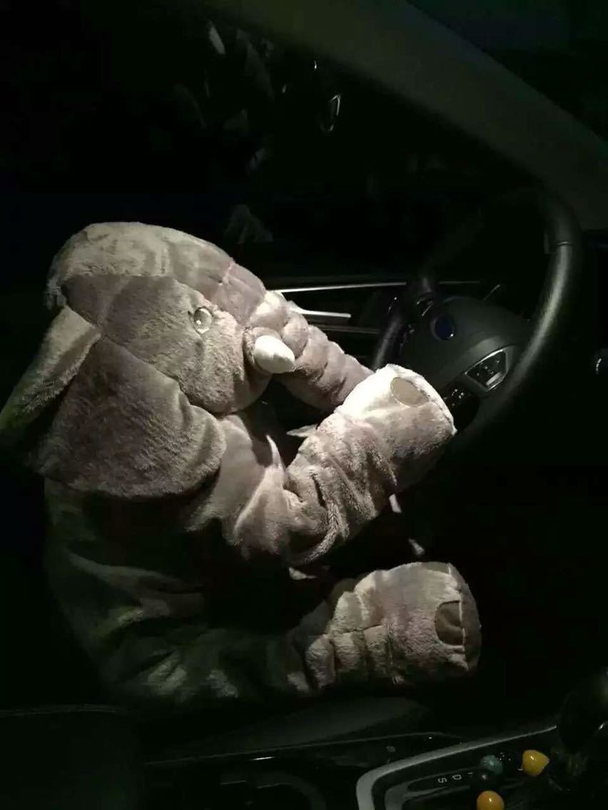 suur hall pehme elevandimänguasi istub autos juhiistmel ja hoiab roolist kinni
