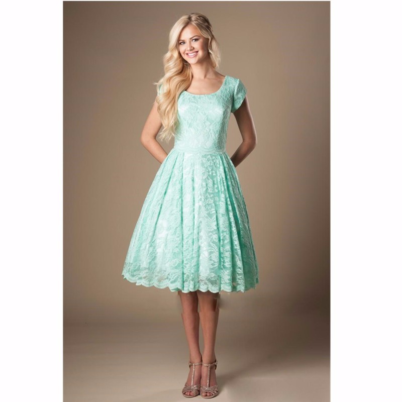 Mint Lace Short Sleeves A Line Knee Length Bridesmaid Dress 1 Mint Lace Short Sleeves A Line Knee Length Bridesmaid Dress 1