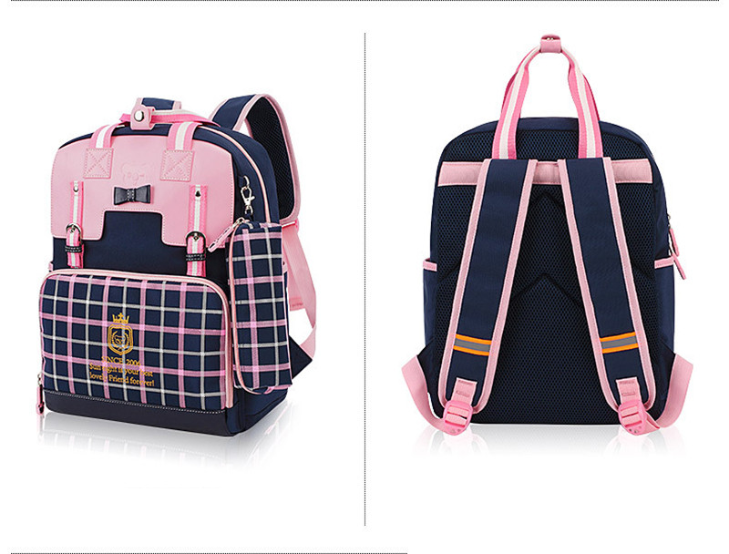 sinine ja roosa ruuduline koolikott, millel on reguleeritavad rihmad