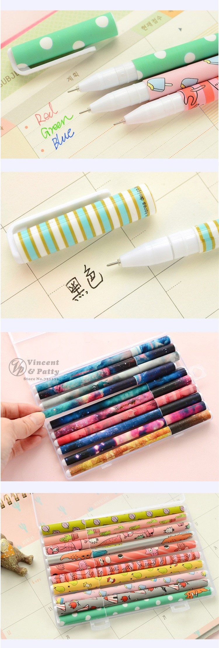 värviliste mustritega geelpliiatsid erinevates karpides