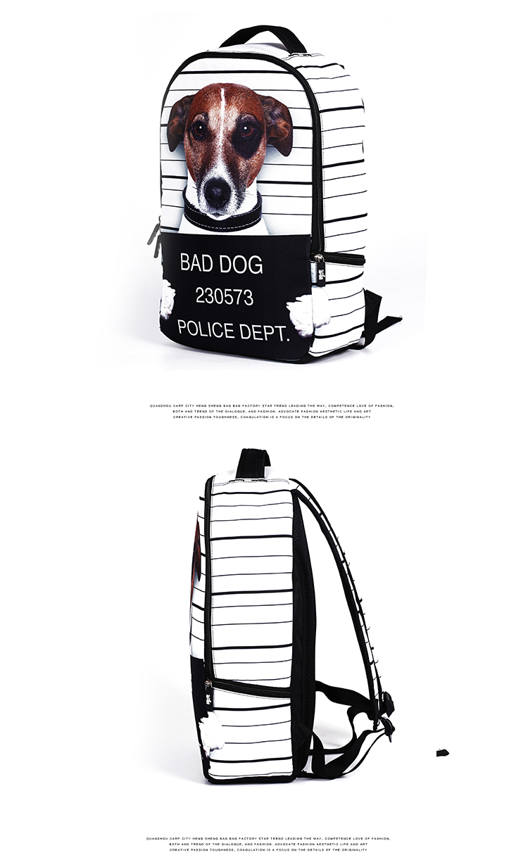 valge seljakott koerapildiga, millel on mustad triibud ja tekst