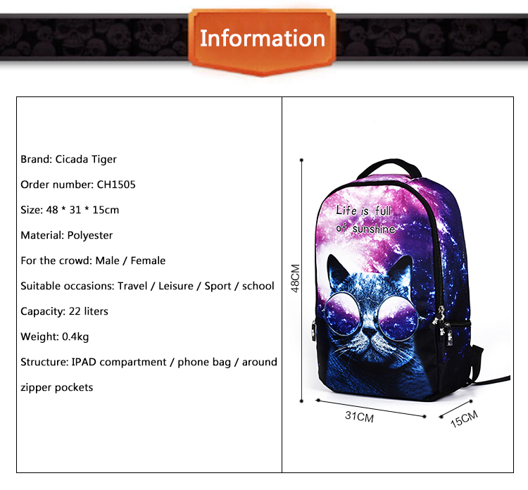 lilla ja musta tooniga seljakott kassiga, millel on päikeseprillid