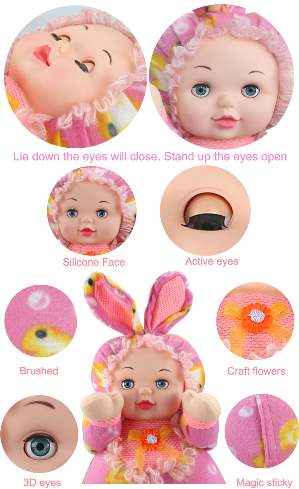 jänkukostüümis nukk sulguvate silmadega, roosa ja kollase mustriga riietus