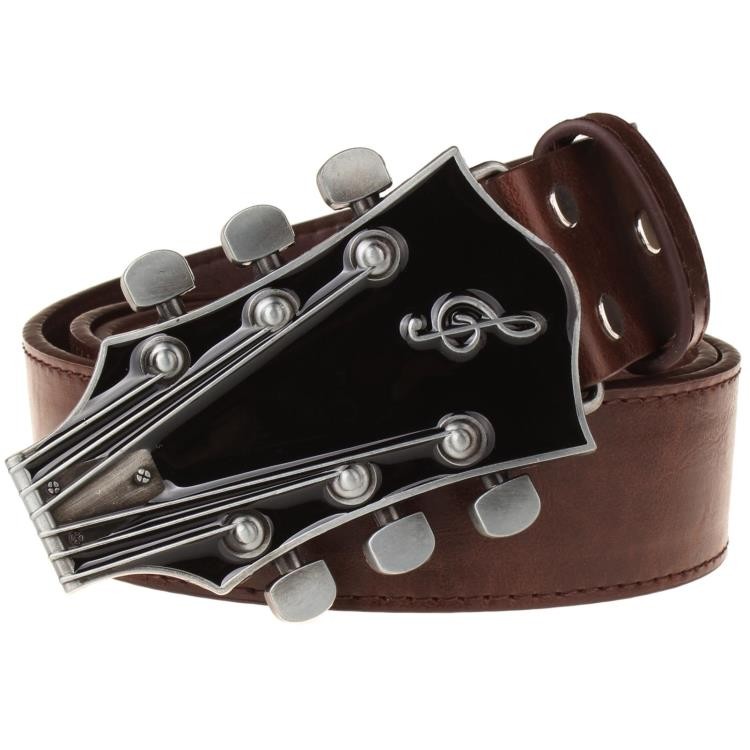 pruun nahast vöö, millel on kitarri pea kujuline metallist pannal