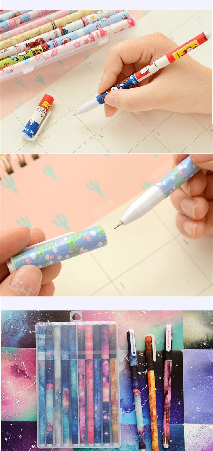 värviliste mustritega geelpliiatsid, mida hoitakse käes ja asetatakse lauale