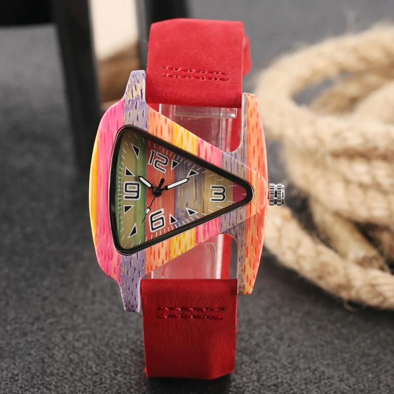 Unique Colorful Wood Watch Creative Triangle Shape Dial Hour Clock Women Quartz Leather Bracelet Watch Women's Wrist Reloj Mujer (40)