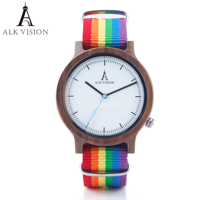 Price Review ALK Vision Pride Rainbow Top Wood Watches Dropshipping Brand Women Mens Wooden Watch Canvas LGBT Strap Fashion Casual Wristwatch Online Shop