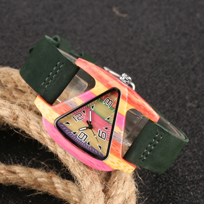 Unique Colorful Wood Watch Creative Triangle Shape Dial Hour Clock Women Quartz Leather Bracelet Watch Women's Wrist Reloj Mujer (33)