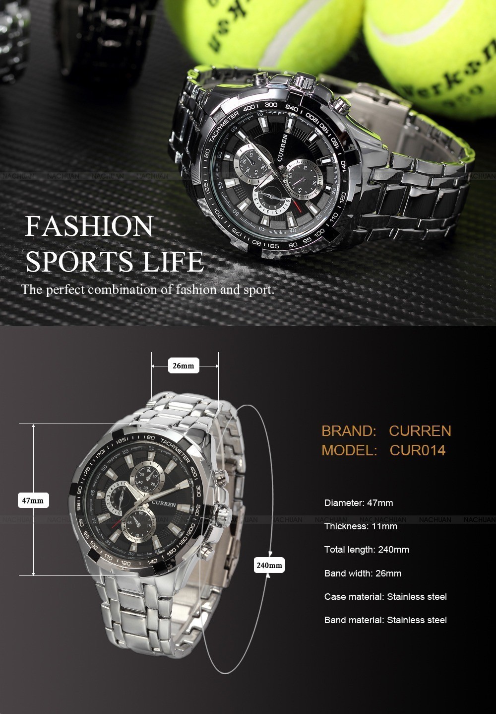 roostevabast terasest meeste käekell musta sihverplaadiga