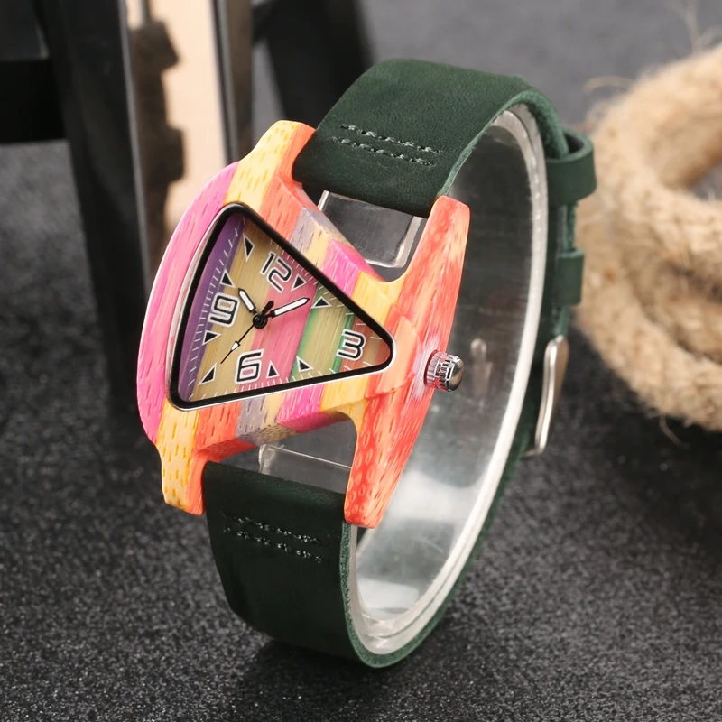 Unique Colorful Wood Watch Creative Triangle Shape Dial Hour Clock Women Quartz Leather Bracelet Watch Women's Wrist Reloj Mujer (31)