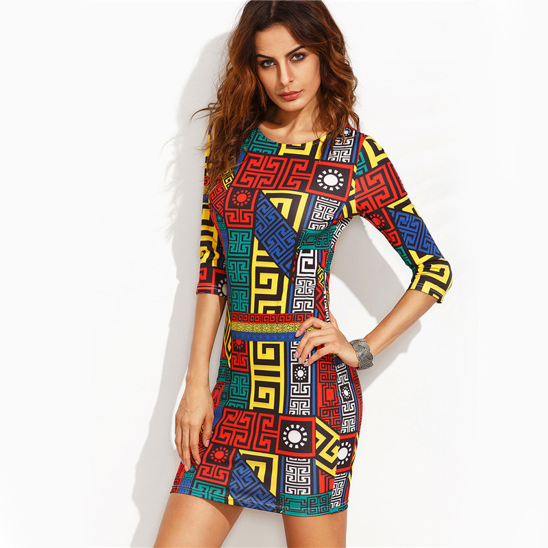 Multicolor Pattern Print Long Sleeve Bodycon Mini Dress