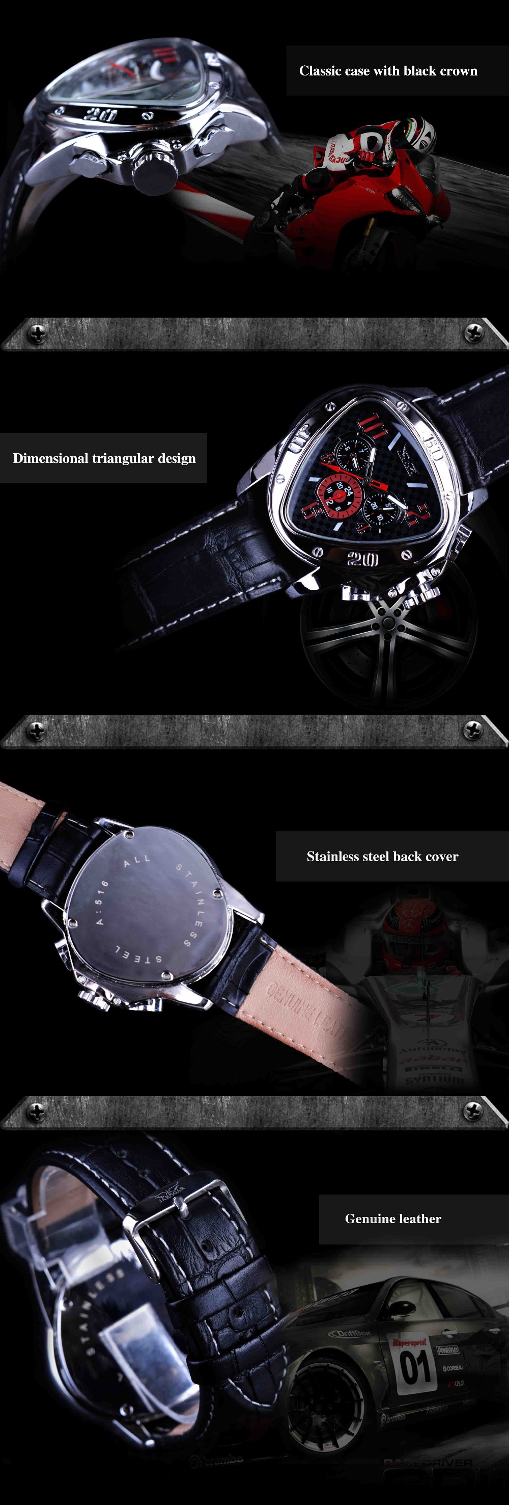 kolmnurkse disainiga musta nahkrihmaga meeste käekell