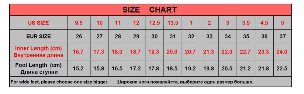 suuruste tabel laste saabastele, sisaldab usa ja eur suurusi ning sisetalla pikkusi