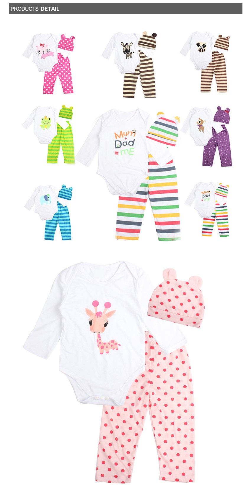 erinevad beebide riiete komplektid, millel on loomade pildid ja värvilised mustrid